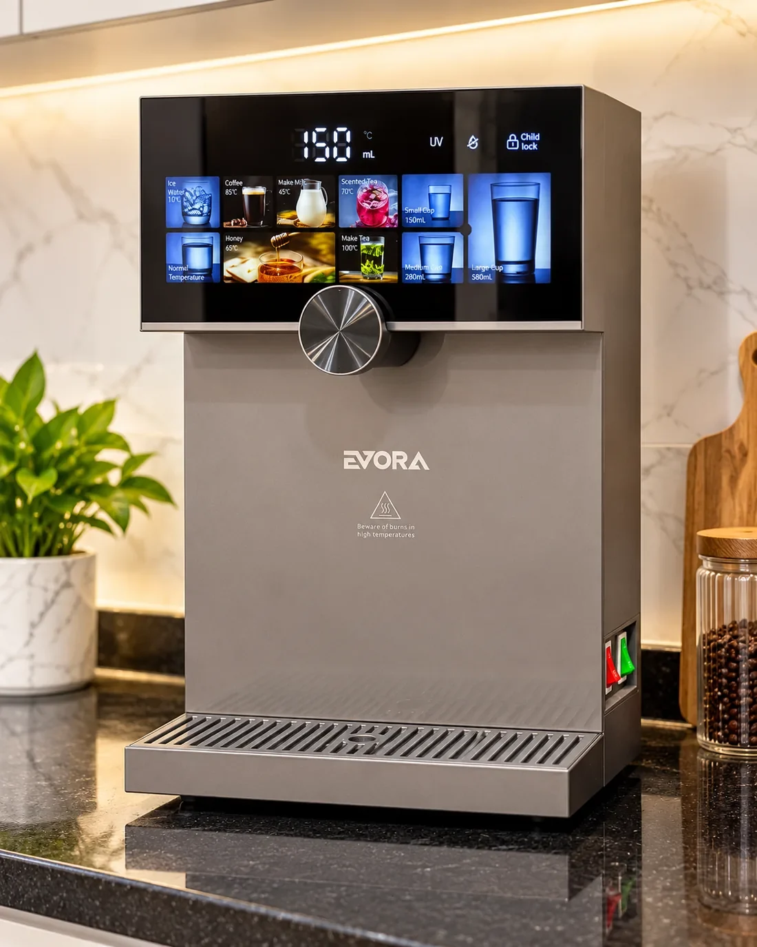 Evora Complete countertop dispenser in a styled kitchen